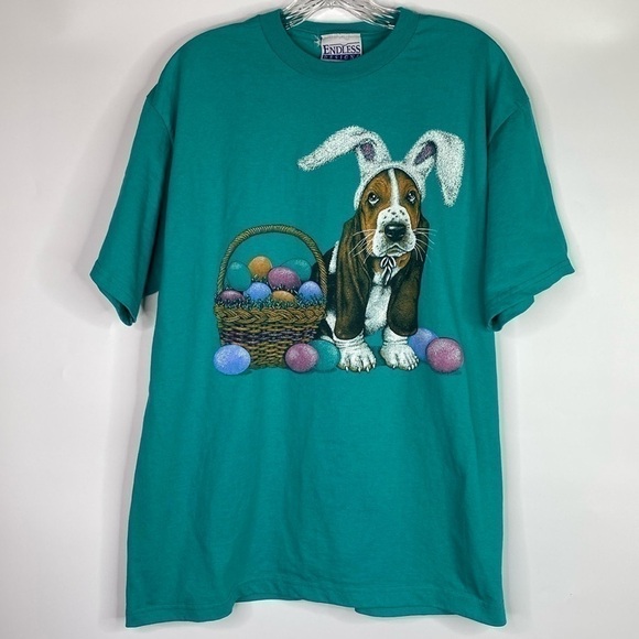 Vintage Endless Designs Easter Hound Dog Green Tshirt 90s Size Large - Picture 1 of 9